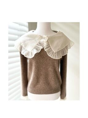 Zara Brown Knit Sweater with Removable Cream Ruffle Collar